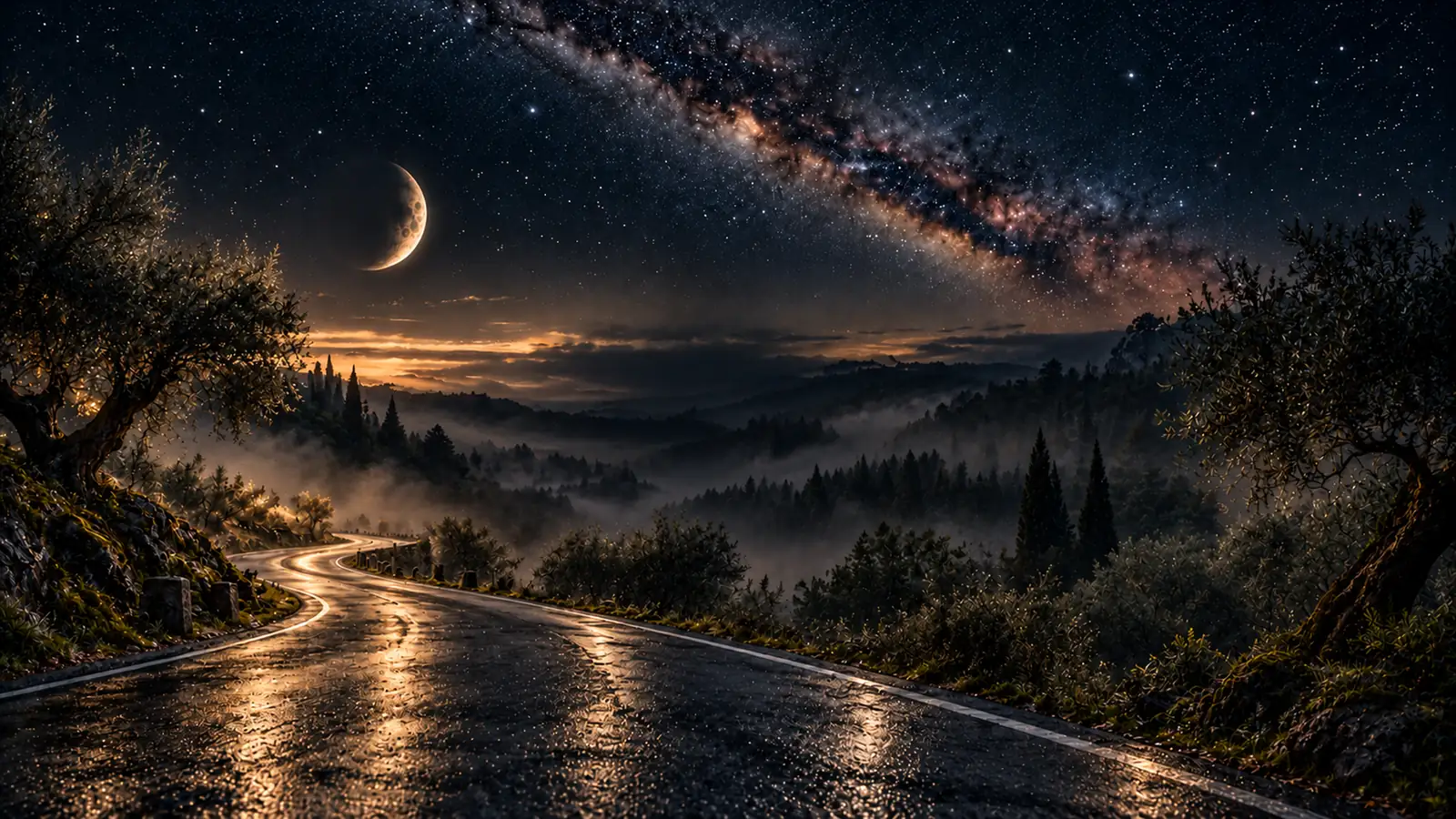 A wet forest road beneath a crescent moon and a sky full of stars.