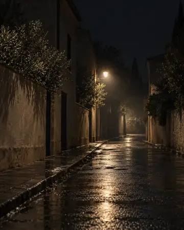 A quiet lamp-lit street at night.