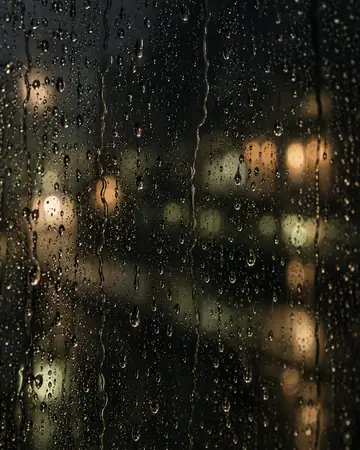 Raindrops on a window at night.